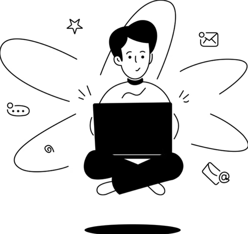 Line illustration of Saad sitting cross-legged with a laptop, surrounded by playful doodles